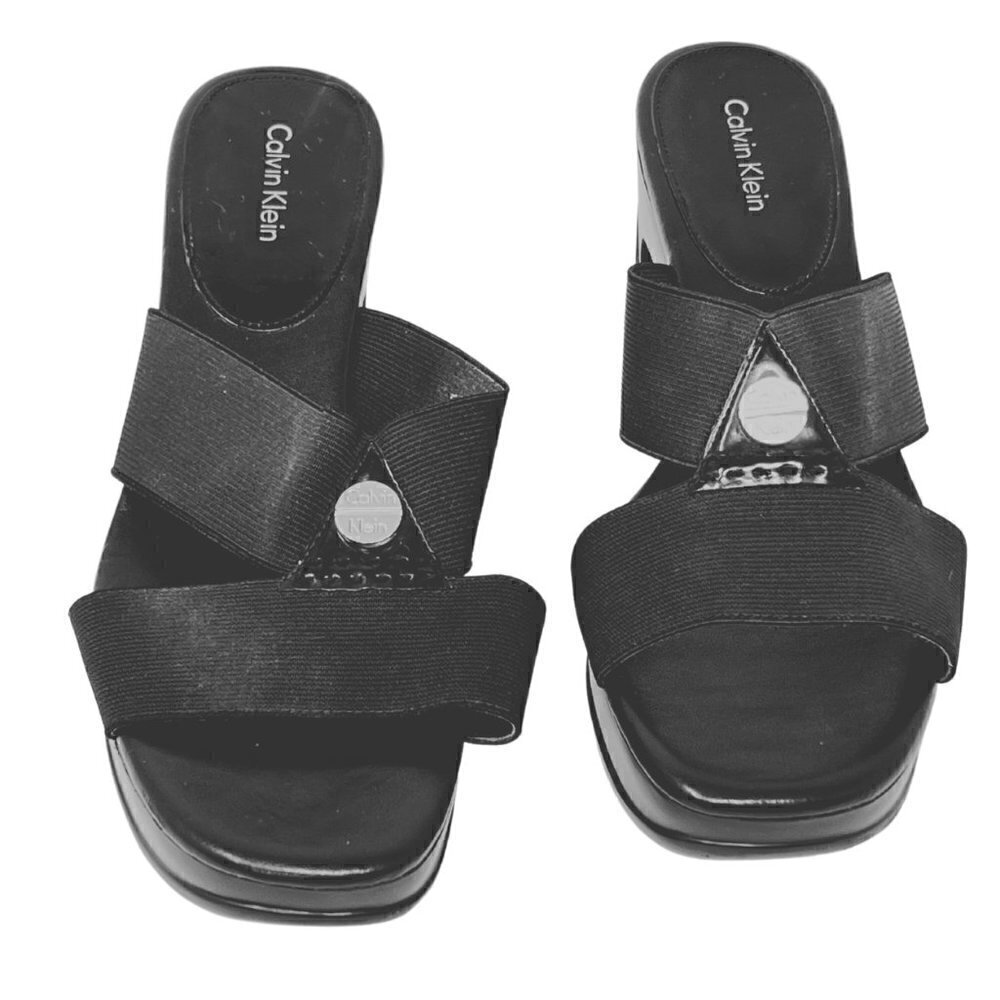 Calvin Klein Black Ying Stretchy Strap Open Platform Sandals, 8.5M